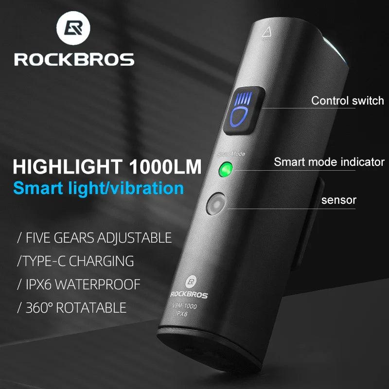 ROCKBROS 1000Lumen Bike Light Smart Vibration Sensing Bike Lamp 5Modes Bicycle Headlight LED Flashlight Lantern Bike Accessories