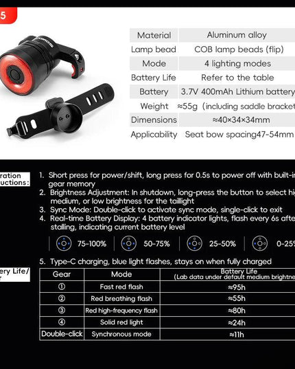 ROCKBROS BicycleTaillight Smart Brake Sensing Day/Night Sensing Waterproof Type-C Cycling Taillight Bike Accessories R Series