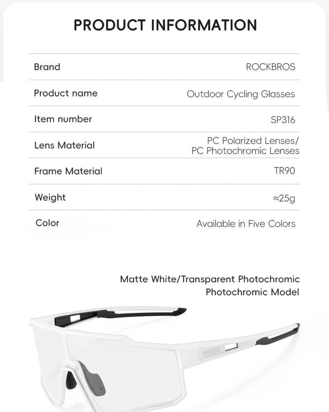 ROCKBROS Polarized Photochromic Glasses Cycling Sunglasses Outdoor Sports UV400 MTB Road Women Men Bicycle Goggles Adjustable