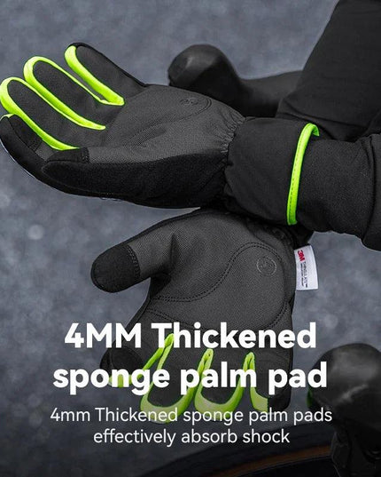 ROCKBROS Cycling Gloves Winter Windproof Keep Warm Reflective Gloves Thickened Palm Pad Touch Screen Night Cycling Glove MTB Men