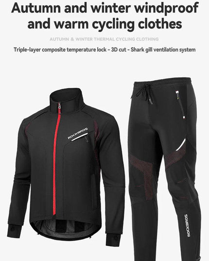 ROCKBROS Cycling Clothing Set Winter Windproof Reflective Cycling Jersey Thermal Fleece Pants Rainproof Set Men Women Sportswear