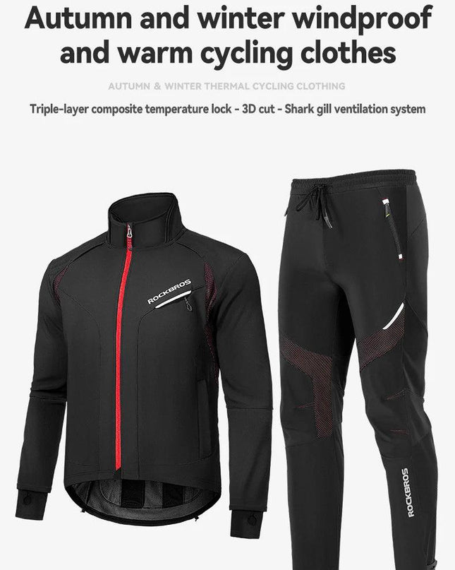 ROCKBROS Cycling Clothing Set Winter Windproof Reflective Cycling Jersey Thermal Fleece Pants Rainproof Set Men Women Sportswear