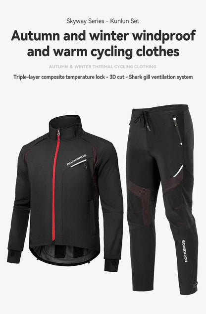 ROCKBROS Cycling Clothing Set Winter Windproof Reflective Cycling Jersey Thermal Fleece Pants Rainproof Set Men Women Sportswear