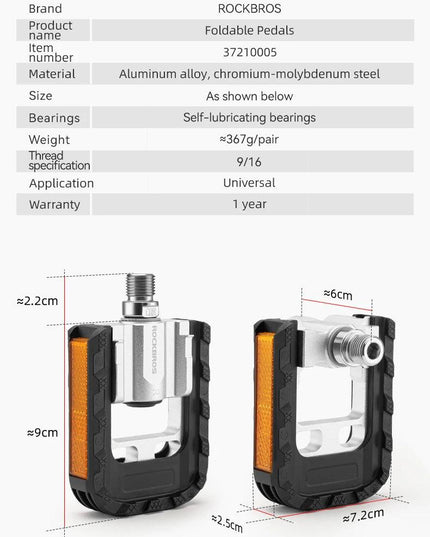 ROCKBROS Bicycle Pedals Foldable MTB Pedal Aluminum Anti-slip Foldable Pedals Cycling Self-lubricating Bearings Reflective Pedal