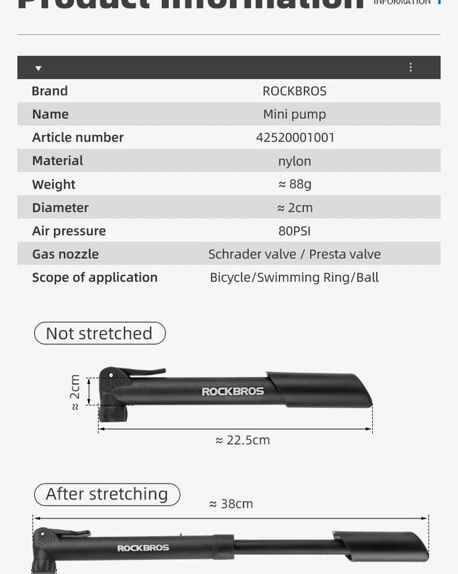ROCKBROS Bike Pump 80PSI Schrader Presta Valve Bicyle Pump MTB Road Mini Portable Air Inflator nylon Cycling Pump Accessories