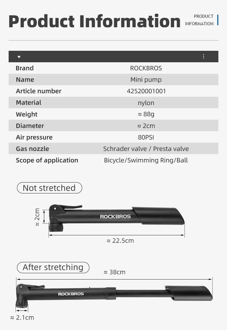 ROCKBROS Bike Pump 80PSI Schrader Presta Valve Bicyle Pump MTB Road Mini Portable Air Inflator nylon Cycling Pump Accessories