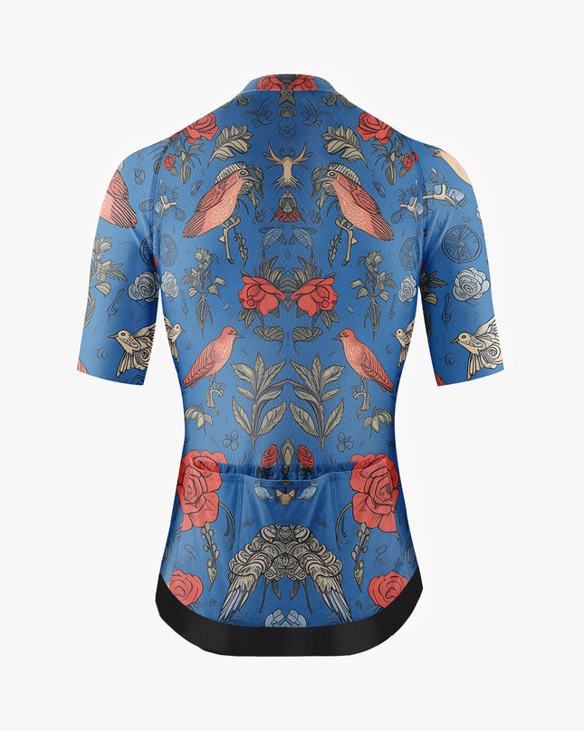 Men’s Blue Cycling Jersey with Red Bird Print