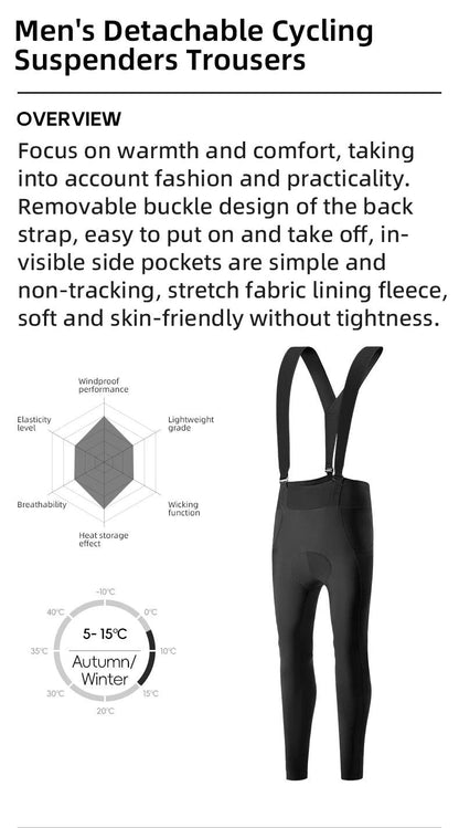 ROCKBROS Windproof Warm Bicycle Pants Winter Removable Buckle Strap Pants High Quality Shock-Absorbing Comfort Pad Pants MTB Men