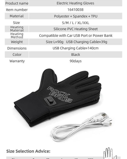 ROCKBROS Heated Gloves USB Rechargeable Touch screen Fingertips Large Heating Area Skiing Gloves Winter Warm Windproof Gloves