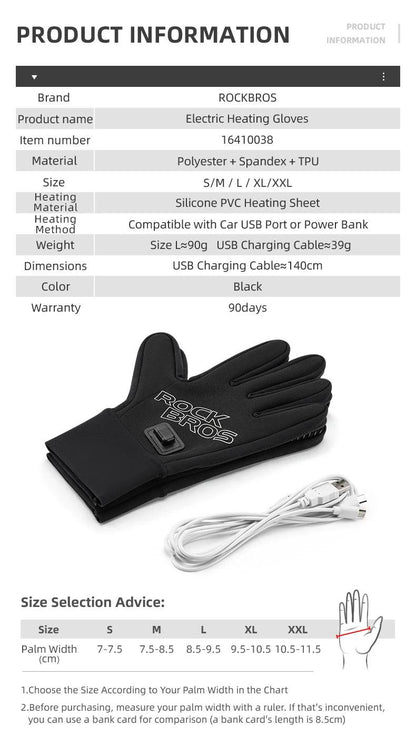 ROCKBROS Heated Gloves USB Rechargeable Touch screen Fingertips Large Heating Area Skiing Gloves Winter Warm Windproof Gloves