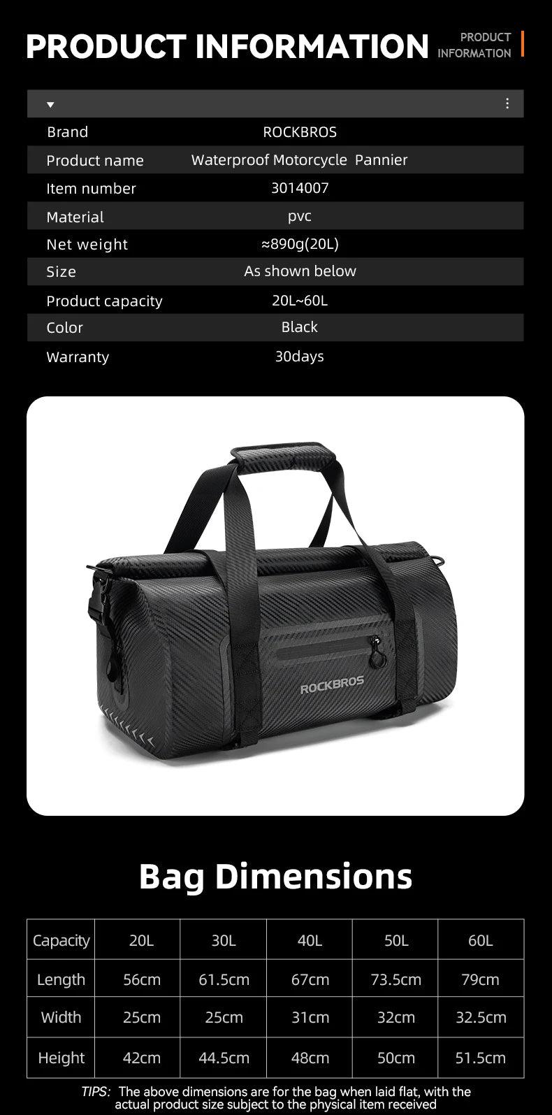 ROCKBROS Waterproof Motorcycle Pannier PVC 20L-60L Tail Bag Travel  Rear Seat Luggage Bag Multiple Carry Motorcycle AccessorIes