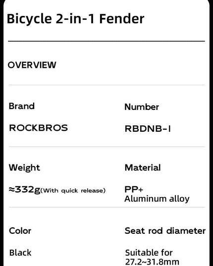 ROCKBROS Bicycle Mudguard With Taillight Quick Release Road Bike Mudguard PP Aluminum Alloy  Support Fender Adjustable Parts