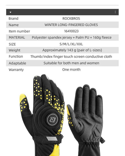 ROCKBROS Bicycle Gloves Winter Warm Motorcycle Full Finger Cycling Gloves Screen Touch Ski Sports Gloves Hiking Thermal Mitten