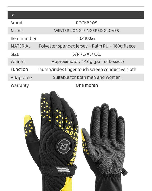 ROCKBROS Bicycle Gloves Winter Warm Motorcycle Full Finger Cycling Gloves Screen Touch Ski Sports Gloves Hiking Thermal Mitten