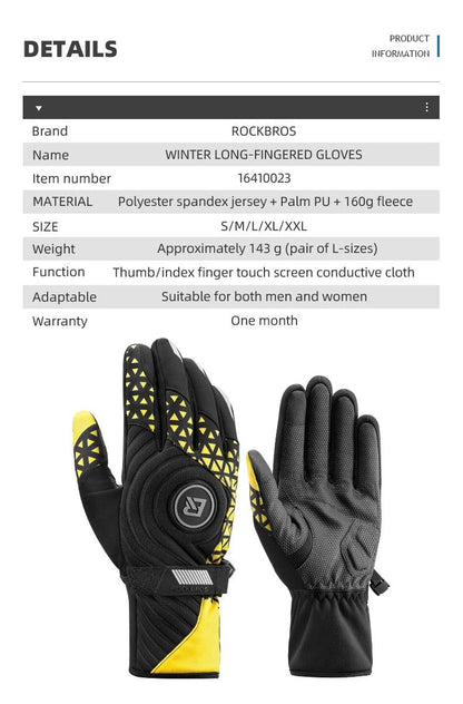 ROCKBROS Bicycle Gloves Winter Warm Motorcycle Full Finger Cycling Gloves Screen Touch Ski Sports Gloves Hiking Thermal Mitten