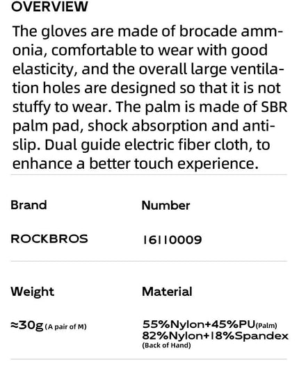 ROCKBROS Cycling Gloves Breathable Non-slip MTB Road Bike Gloves Touch Screen Outdoor Gym Fitness Fishing Bike Training Glove