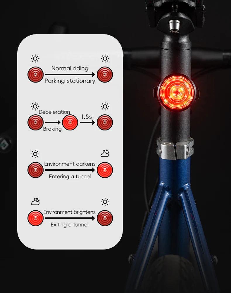 ROCKBROS Bicycle Tail Light Smart Auto Brake Sensing Light Waterproof Rear Touch-sensitive Cycling Taillight Vibration Wake-up