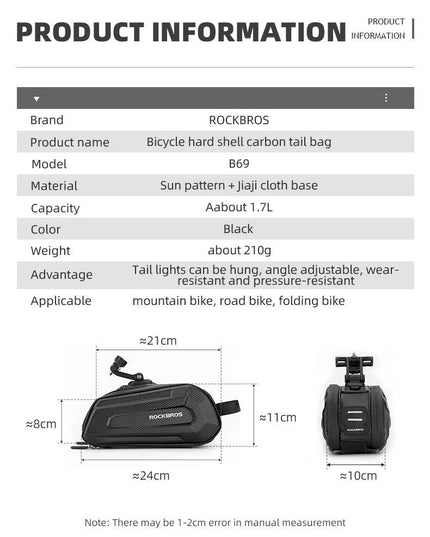 ROCKBROS1.7L Bicycle Bag Waterproof Rear Large Capatity Quick Release Seatpost Shockproof Double Zipper Rear Bag Accessories