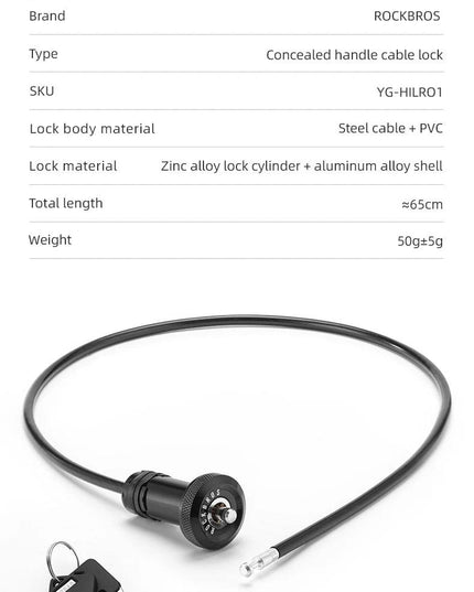 ROCKBROS ROAD TO SKY Concealed Handle Cable Lock Portable Anti-Theft Steel Bicycle Security Lock Equipment Bike Accessories