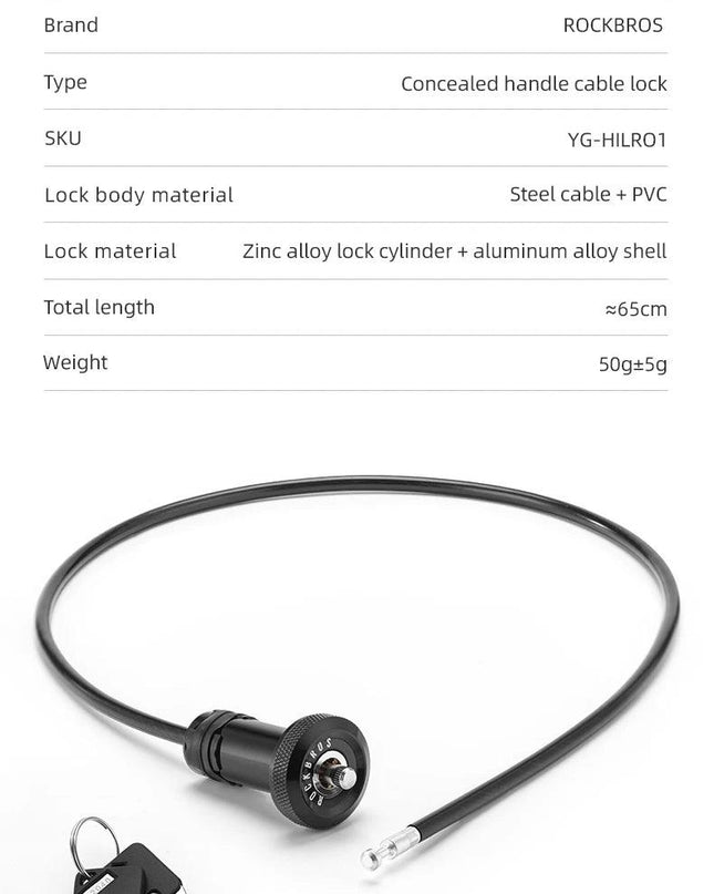 ROCKBROS ROAD TO SKY Concealed Handle Cable Lock Portable Anti-Theft Steel Bicycle Security Lock Equipment Bike Accessories