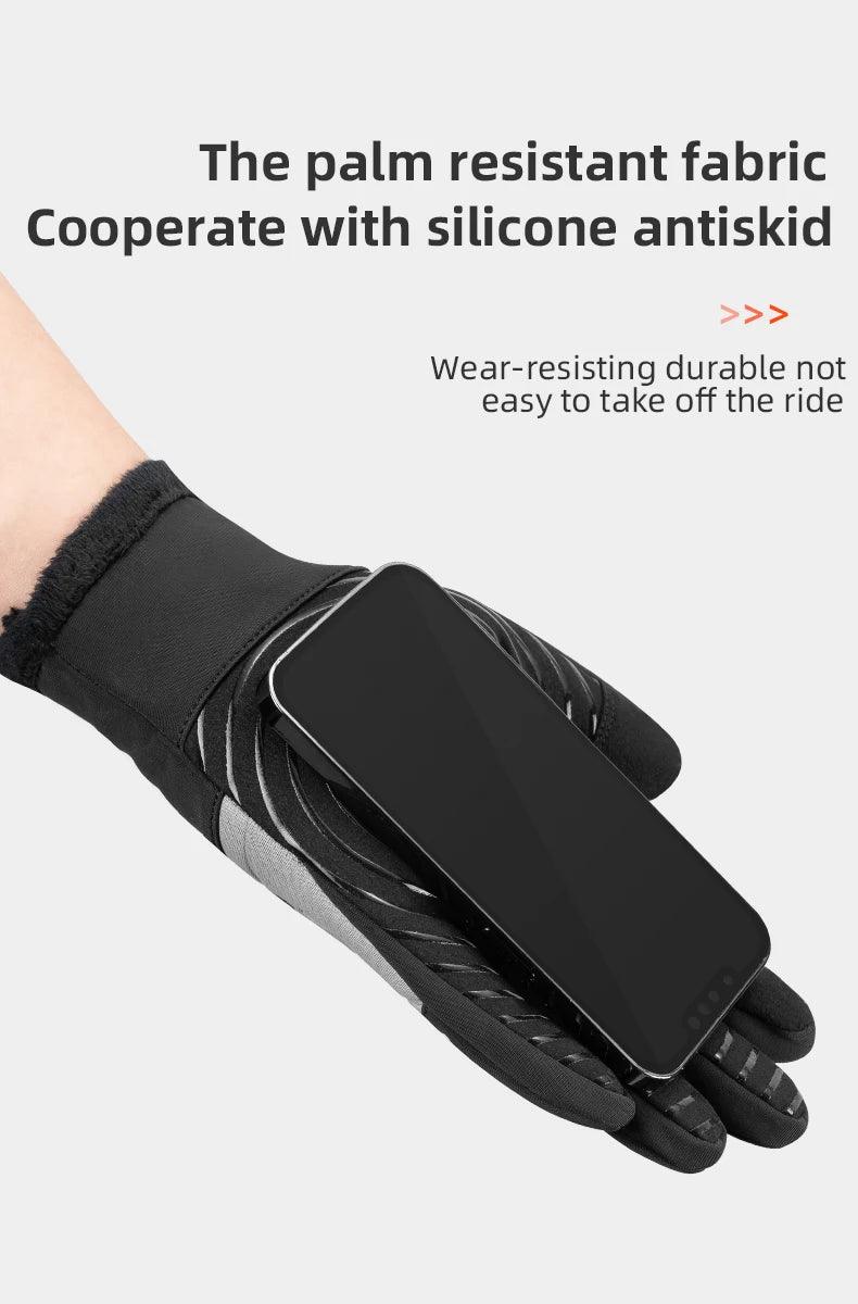 ROCKBROS Winter Warm Gloves Touch screen Cycling Gloves Full Finger MTB Bike Gloves Non Slip Silicone Palm Thermal Ski Gloves