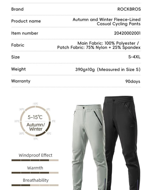 ROCKBROS Winter Thick Fleece Pants Windproof Cycling Pants Men Outdoor Camping Thermal Warm Casual Pants Ski Trousers Sweatpants