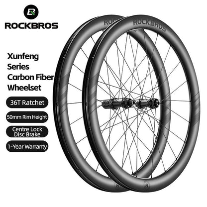 ROCKBROS Wheelset Ultralight Cycling Road Disc Carbon Wheelset  Tubeless Rim Tape 50mm Ratchet System 36T Road For Racing Bike