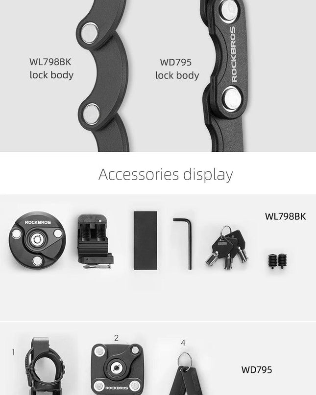 ROCKBROS Bike Lock With Keys Bicycle Lock High-Security Anti-Theft Portable Cycling Chain Lock With Mount Bracket Accessories
