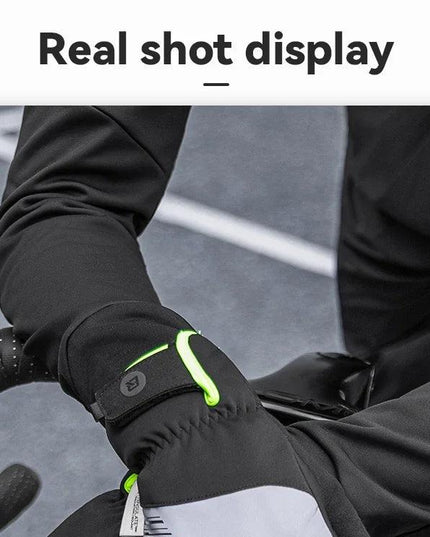 ROCKBROS Cycling Gloves Winter Windproof Keep Warm Reflective Gloves Thickened Palm Pad Touch Screen Night Cycling Glove MTB Men