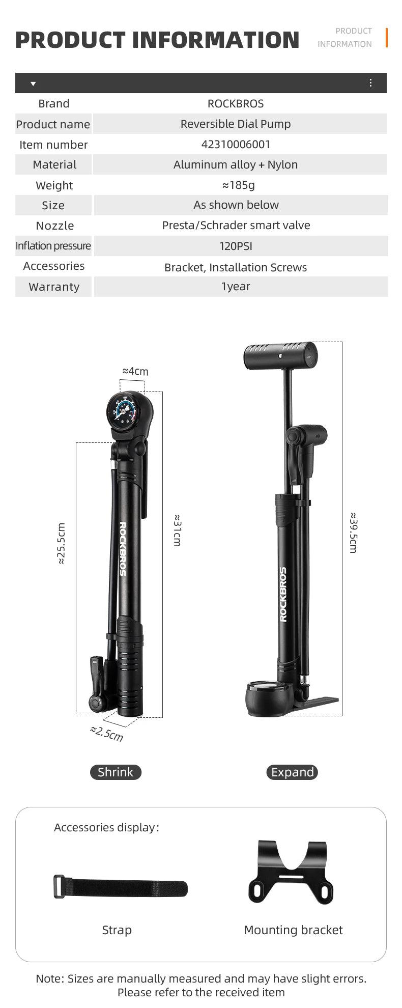 ROCKBROS Bicycle Pump 120 PSI Riding Portable Mini Bike Pump FV/AV Handheld/Vertical Inflation Modes Inflator Cycling Accesories