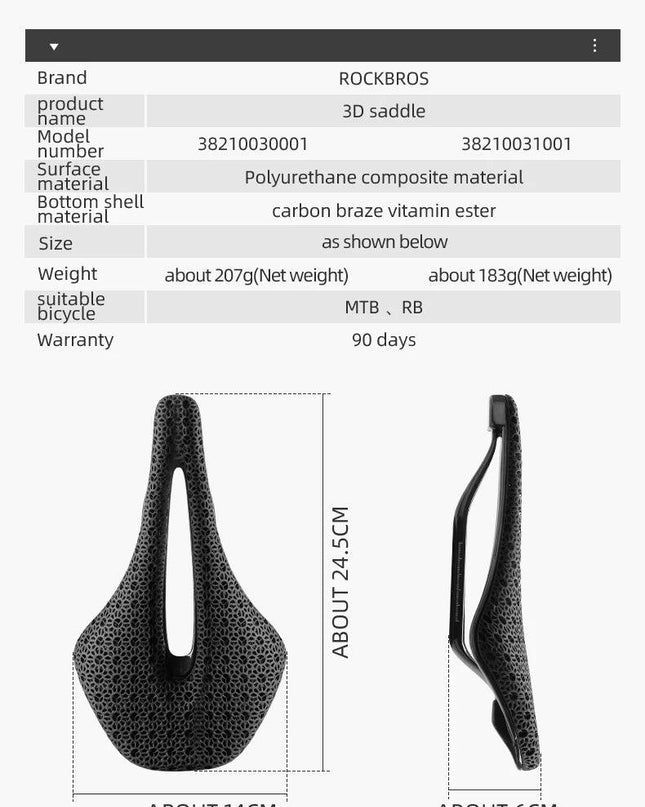 ROCKBROS Ultralight Bicycle Saddle 3D Printing Integrated Zonal Shock Absorption Comfortable MTB Road Bike Seat Spare Parts