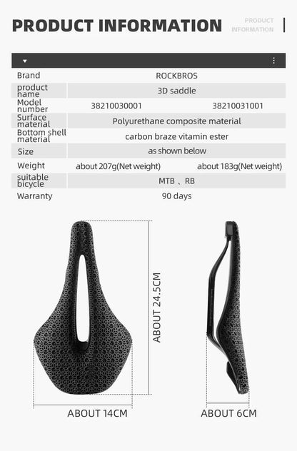 ROCKBROS Ultralight Bicycle Saddle 3D Printing Integrated Zonal Shock Absorption Comfortable MTB Road Bike Seat Spare Parts