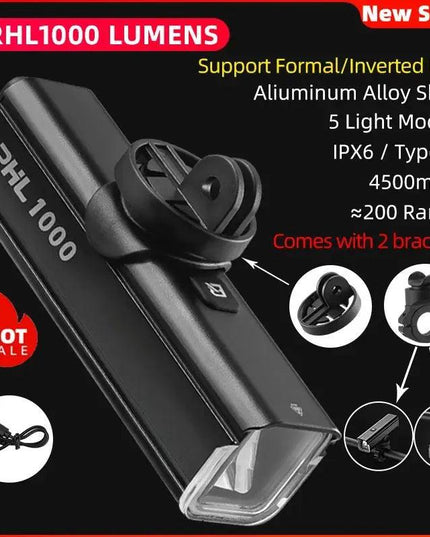 ROCKBROS Bike Front Light IPX6 Rainproof Type-c Rechargeable Bicycle Light 1000LM Cycling Headlight LED Flashlight MTB Bike Lamp