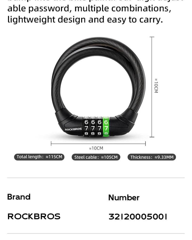 ROCKBROS Bike Cable Lock MTB Road Bicycle Anti-Theft Password Lock PVC Steel Cable Lock for Motorcycle Scooter Bike Accessories