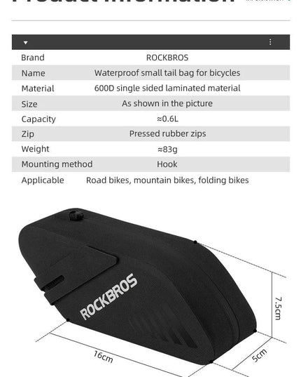ROCKBROS Bicycle Saddle Bag 0.6L Capacity Waterproof Bike Rear Tail Bag Can Hang Taillights MTB Road Bike Bag Bike Accessories