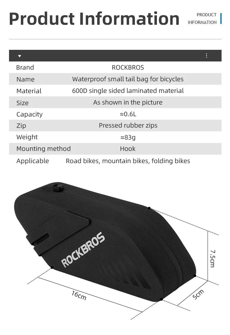 ROCKBROS Bicycle Saddle Bag 0.6L Capacity Waterproof Bike Rear Tail Bag Can Hang Taillights MTB Road Bike Bag Bike Accessories