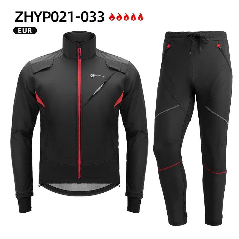 ROCKBROS Cycling Clothing Set Winter Windproof Reflective Cycling Jersey Thermal Fleece Pants Rainproof Set Men Women Sportswear