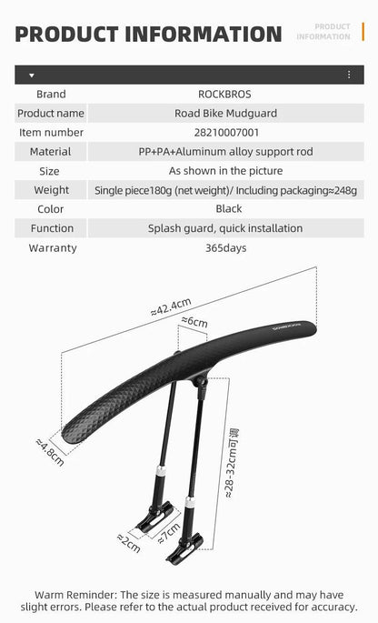 ROCKBROS Bicycle Mudguard Bike Fender PP Soft Plastic Mudguard Strong Toughness Road Suitable For Bicycle Protector Accessories