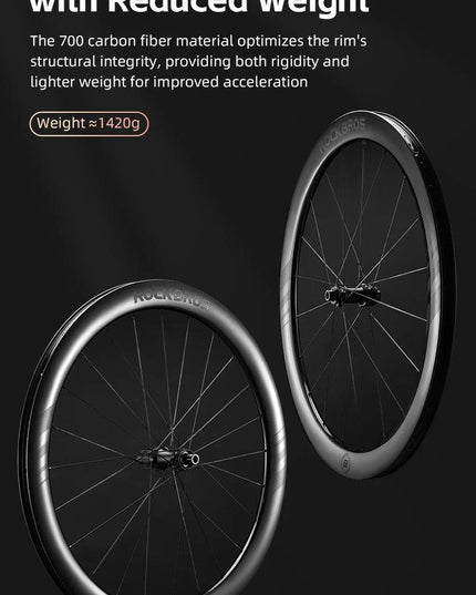 ROCKBROS Wheelset Ultralight Cycling Road Disc Carbon Wheelset  Tubeless Rim Tape 50mm Ratchet System 36T Road For Racing Bike