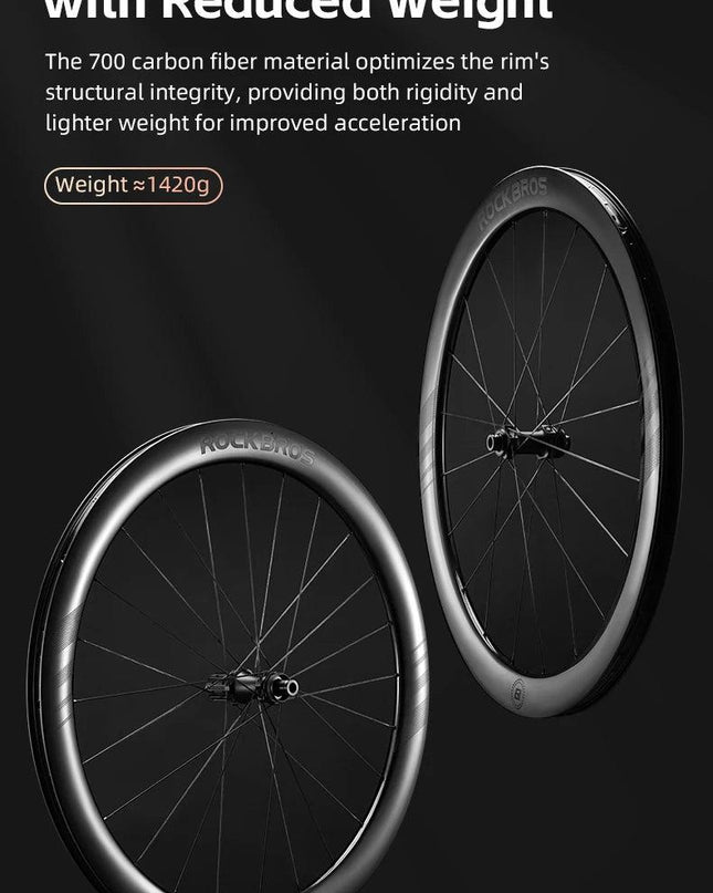ROCKBROS Wheelset Ultralight Cycling Road Disc Carbon Wheelset  Tubeless Rim Tape 50mm Ratchet System 36T Road For Racing Bike