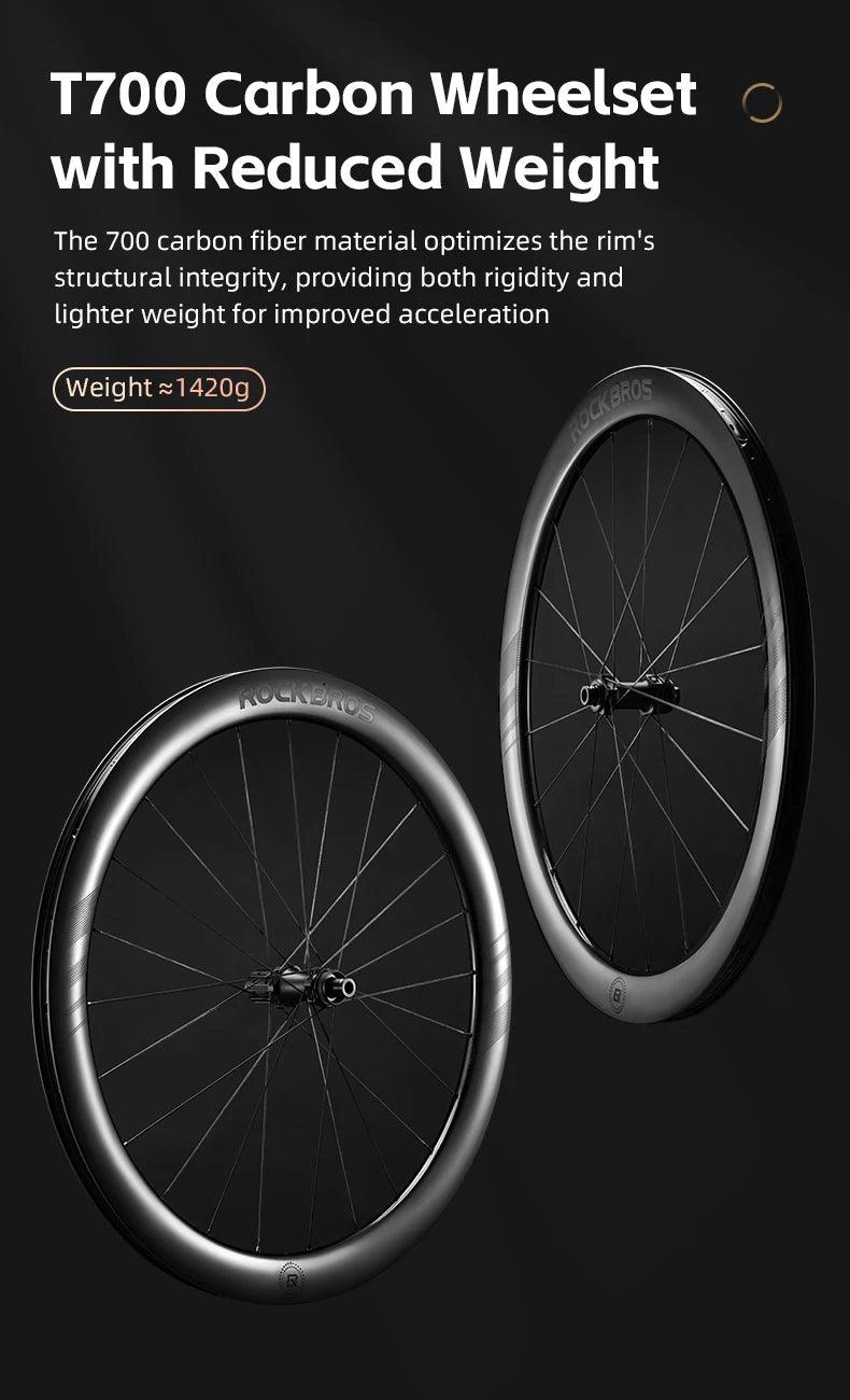 ROCKBROS Wheelset Ultralight Cycling Road Disc Carbon Wheelset  Tubeless Rim Tape 50mm Ratchet System 36T Road For Racing Bike