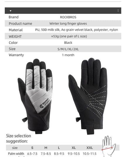 ROCKBROS Bicycle Gloves Breathable Non-slip Cycling Gloves Touch Screen Winter Thermal Warm Full Finger Glove Riding Gloves