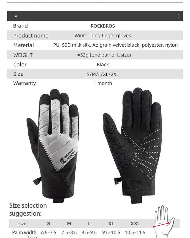 ROCKBROS Bicycle Gloves Breathable Non-slip Cycling Gloves Touch Screen Winter Thermal Warm Full Finger Glove Riding Gloves
