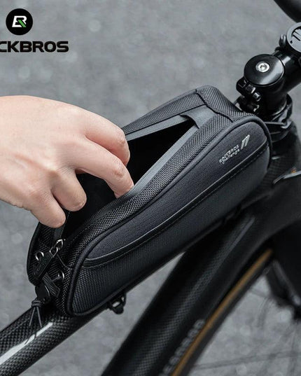 ROCKBROS Bicycle Bag 1.3L Portable Frame Front Tube Cycling Bag Waterproof MTB Road Bicycle Pannier Black With Headphone Jack