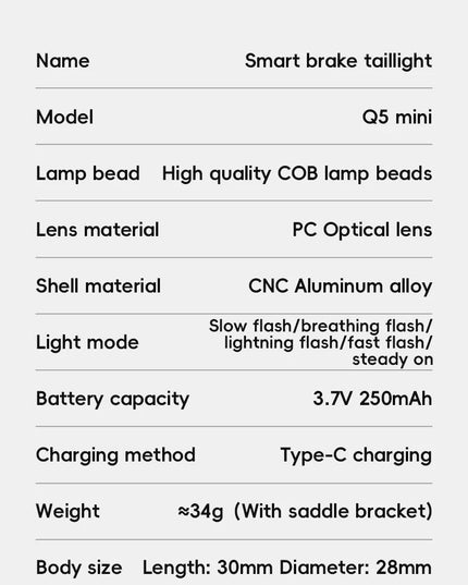 ROCKBROS Bicycle Smart Auto Brake Sensing Light IPx6 Waterproof Type-C Charging Taillight Bike Rear Light Accessories Q5 Mini