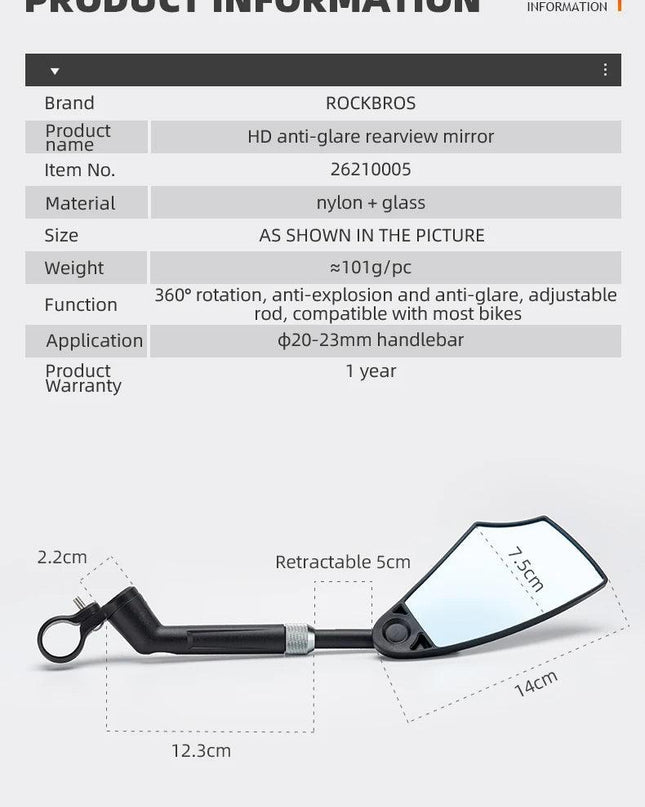 ROCKBROS Bicycle Rearview Mirror Universal Wide-Range 360° Adjustable Mirror For Mountain Road Bike Motorcycle Scooter Safety