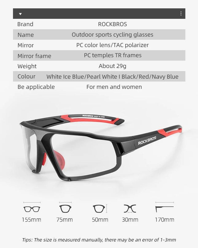 ROCKBROS Photochromic Cycling Glasses Bike Bicycle Glasses Sports Men's Sunglasses MTB Road Cycling Eyewear Protection Goggles