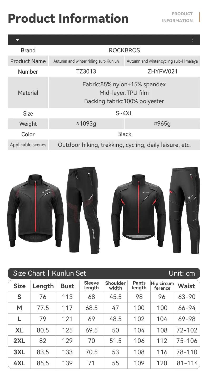 ROCKBROS Cycling Clothing Set Winter Windproof Reflective Cycling Jersey Thermal Fleece Pants Rainproof Set Men Women Sportswear