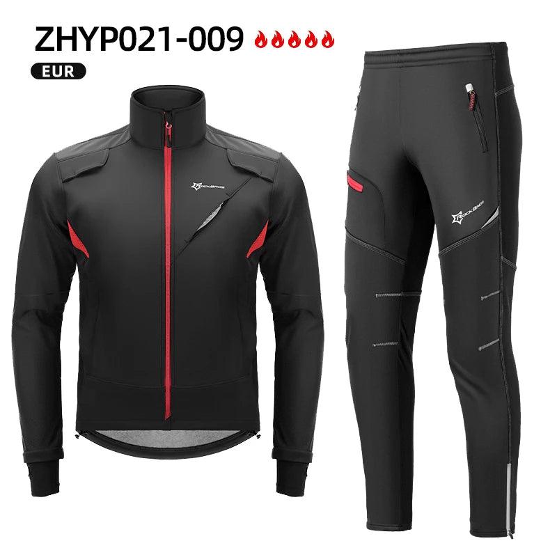 ROCKBROS Cycling Clothing Set Winter Windproof Reflective Cycling Jersey Thermal Fleece Pants Rainproof Set Men Women Sportswear