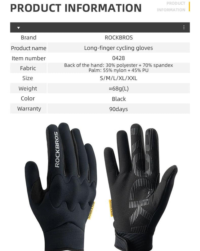 ROCKBROS Winter Gloves Touch screen Windproof Bike Cycling Gloves Full Finger Ski Non-Slip Warm Sports Motorcycle Hiking Gloves